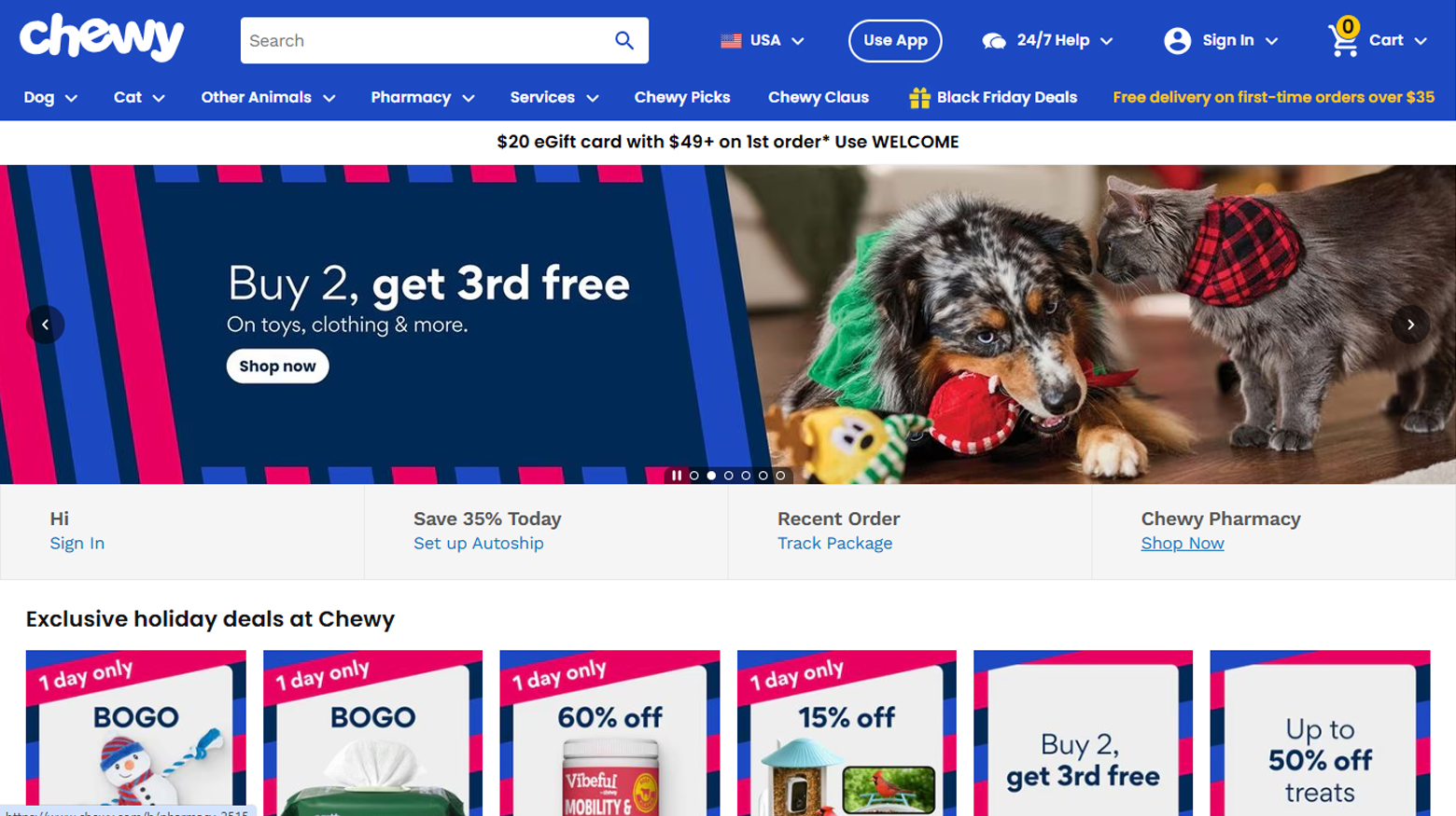 Chewy ecommerce pet shop landing page.