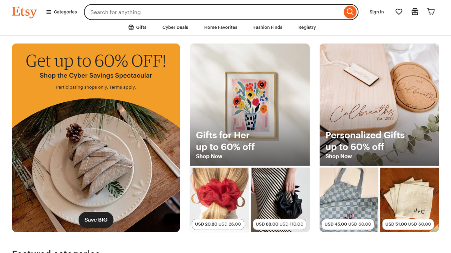 Etsy landing page