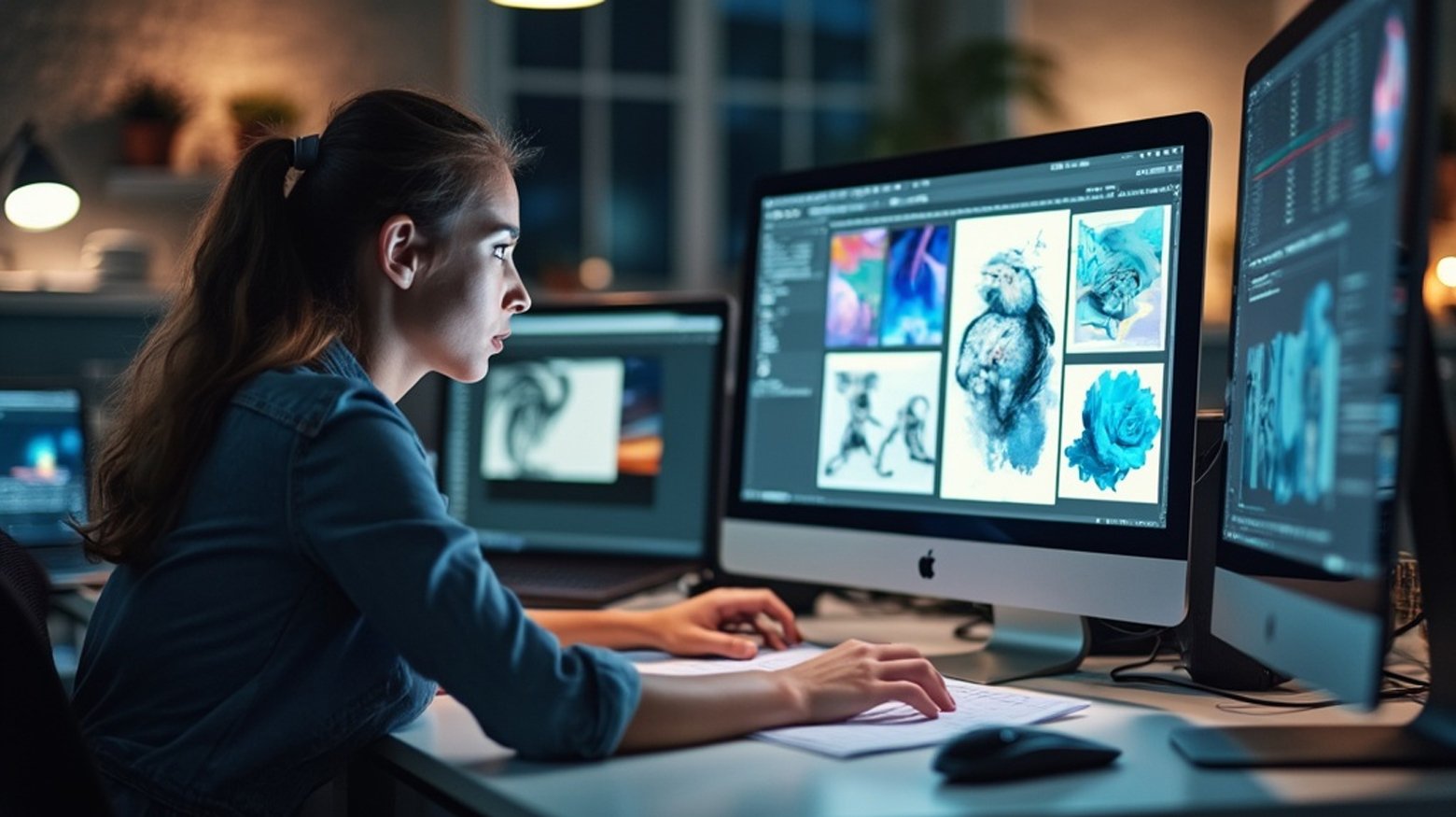 Graphic designer in front of a computer with multiple designs on the screens. 