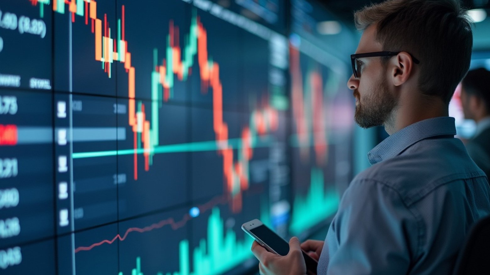 Man looking at stock trading graph on a large screen. 