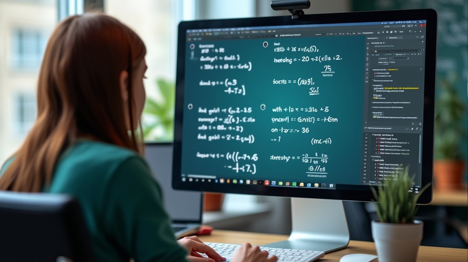 Tutor in front of a computer with math problems on the screen. 