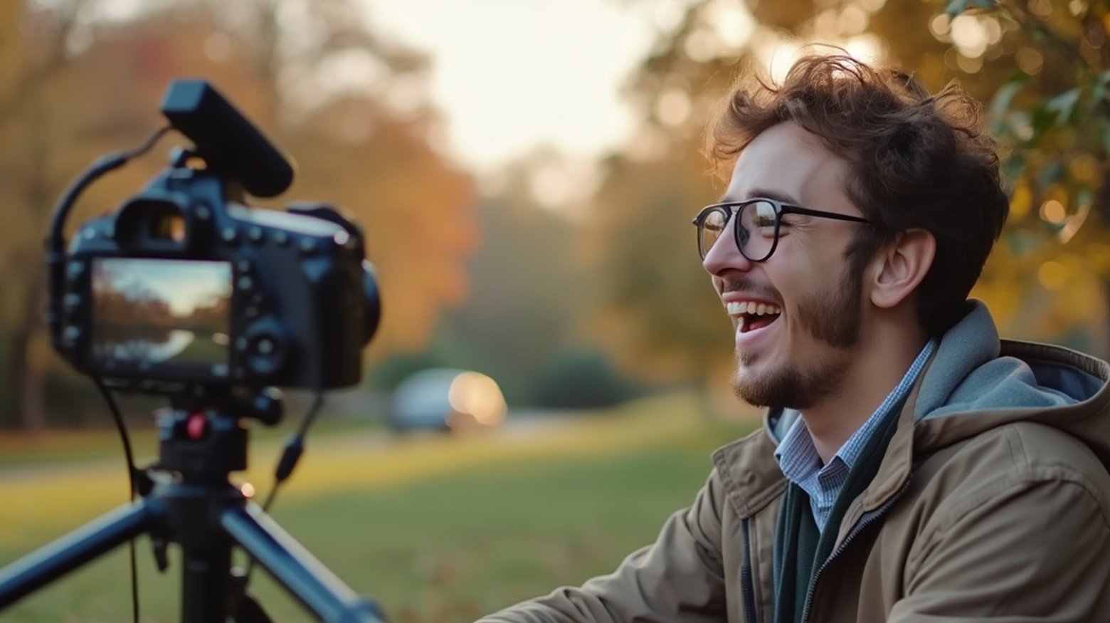 Vlogger sitting in front of his camera in autumn in a park. 