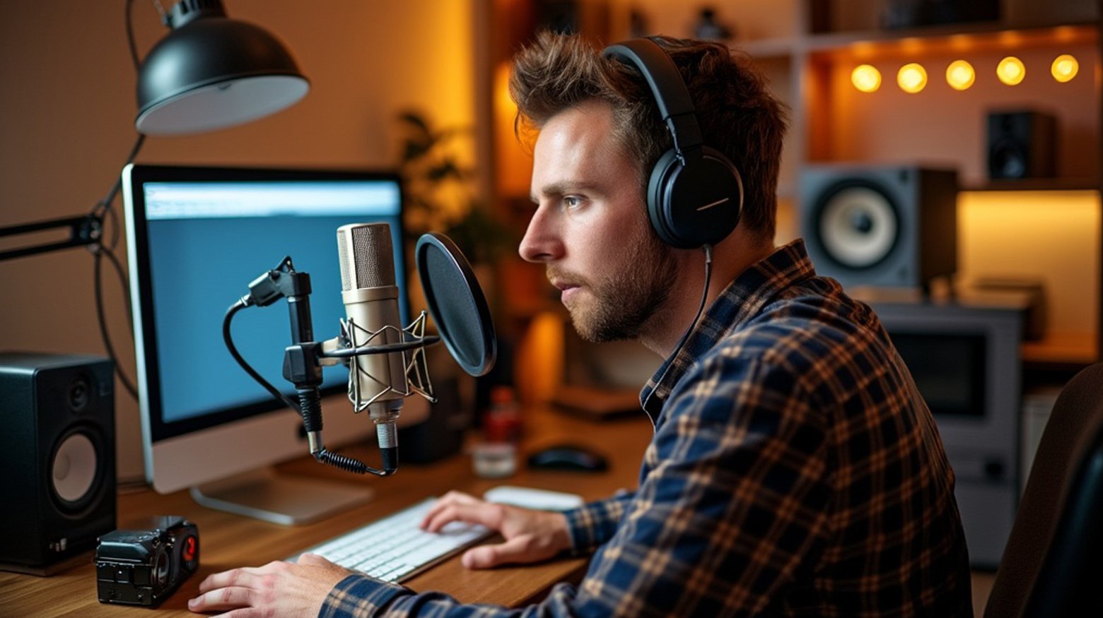 Voiceover artist sitting in front of a microphone in a home studio.