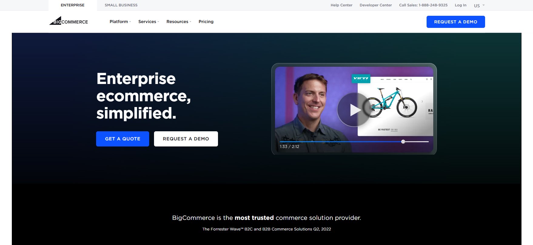 BigCommerce's site features a video of an online retailer talking about selling bikes.