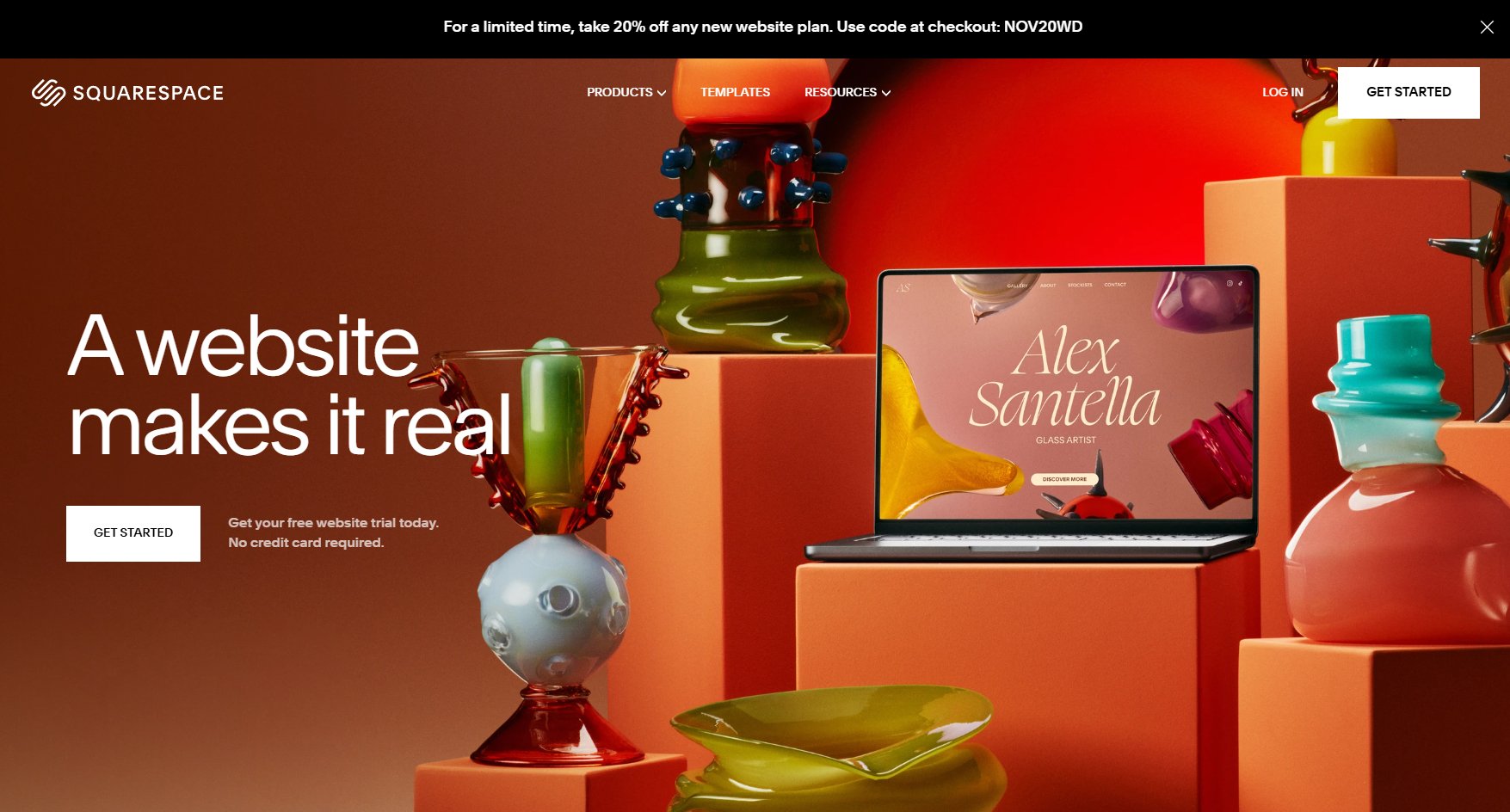 SquareSpace's website shows colorful blown glass objects surrounding a laptop displaying an artist's ecommerce store.