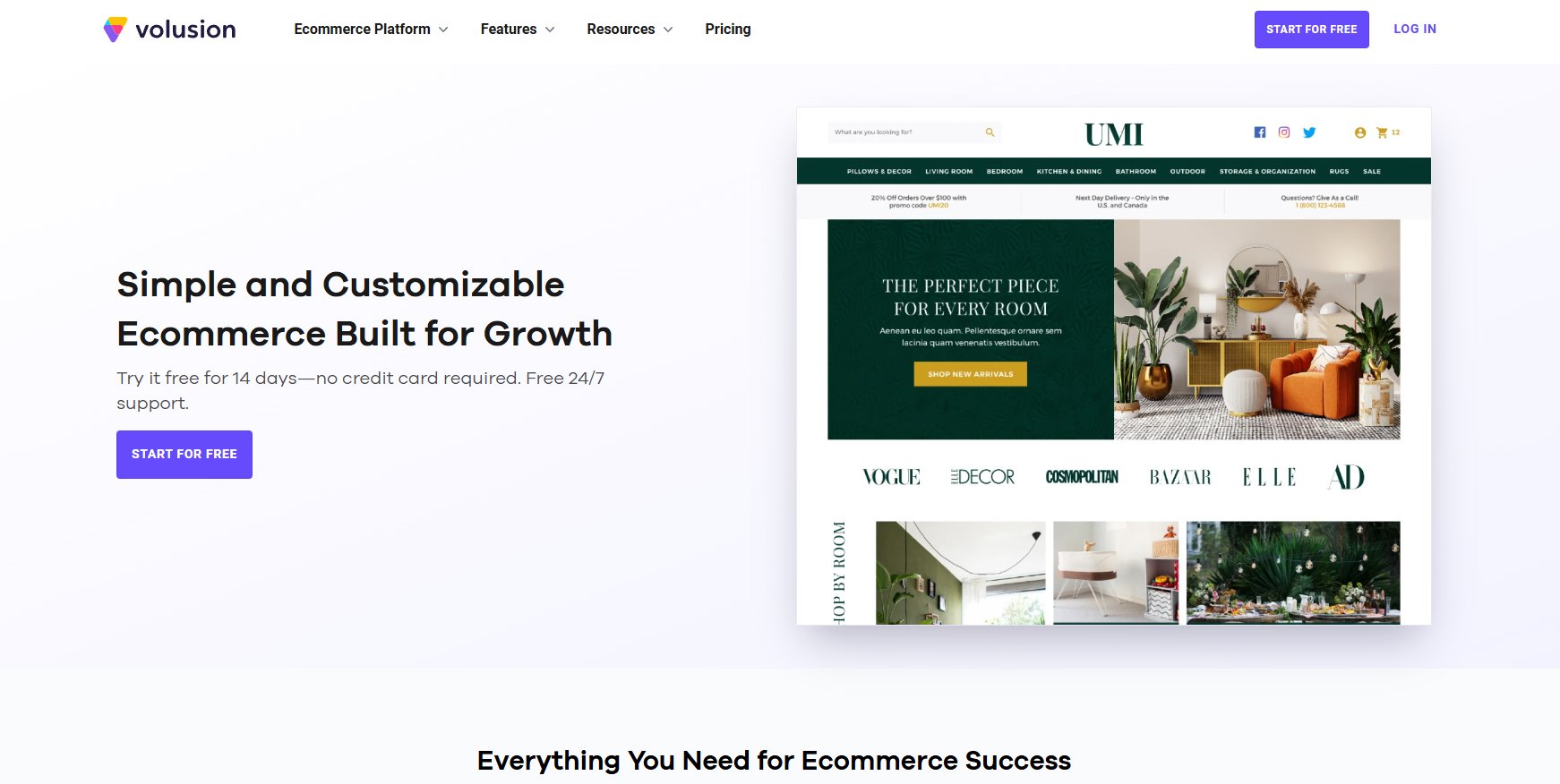 Volusion's site displays a ecommerce storefront.