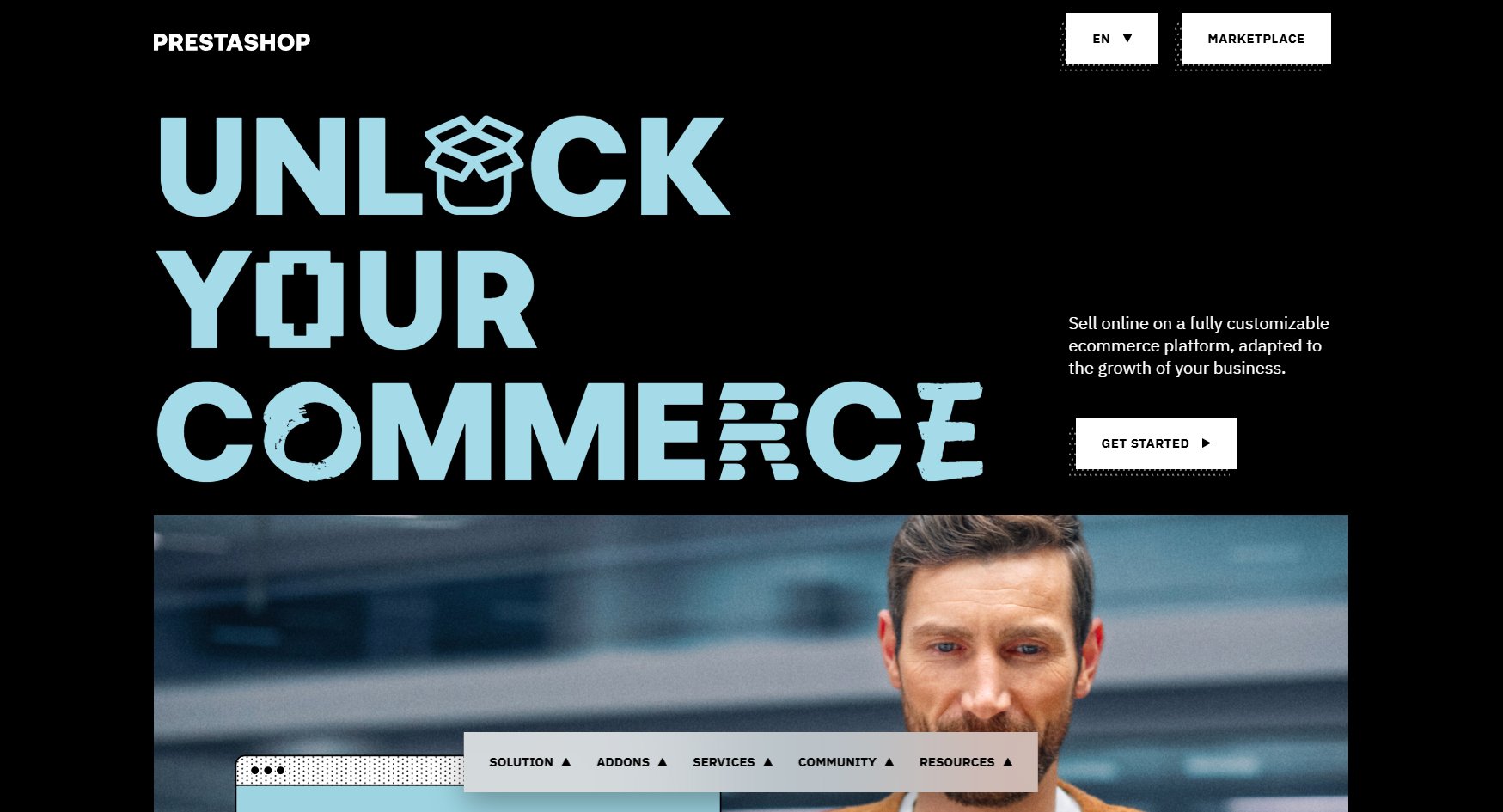 PrestaShop's site displays a prominent message that says "unlock your commerce"