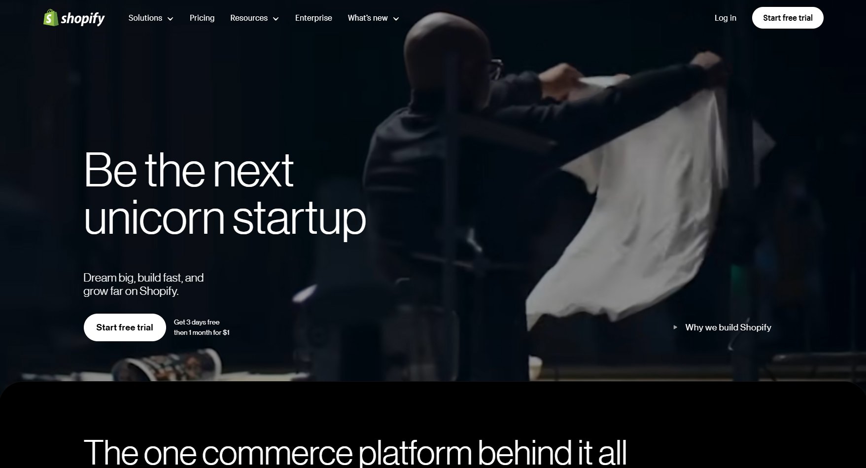 Shopify's website with a message that says, "be the next unicorn startup."