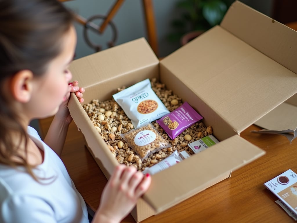 A vegan snack subscription box depicted as an ecommerce business idea.