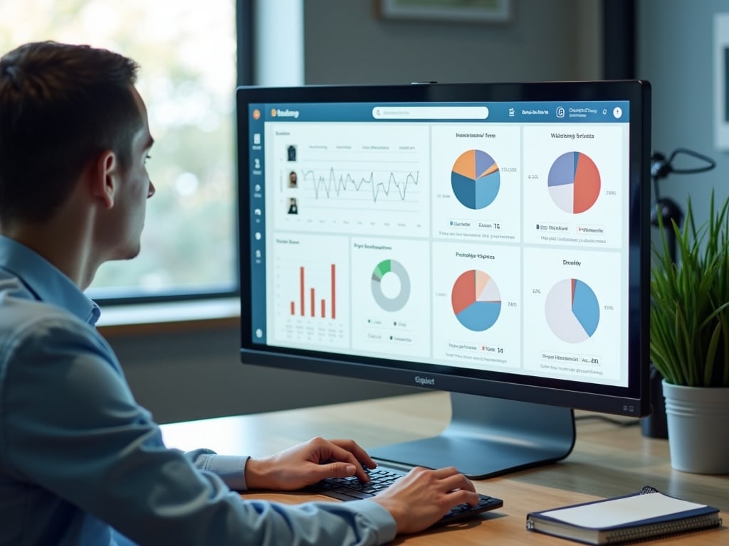 A person looks at performance metrics on a large display.