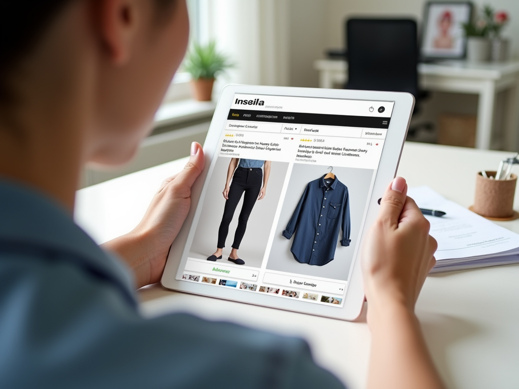 An ecommerce shopper looks at merchandise on a tablet in a living room.