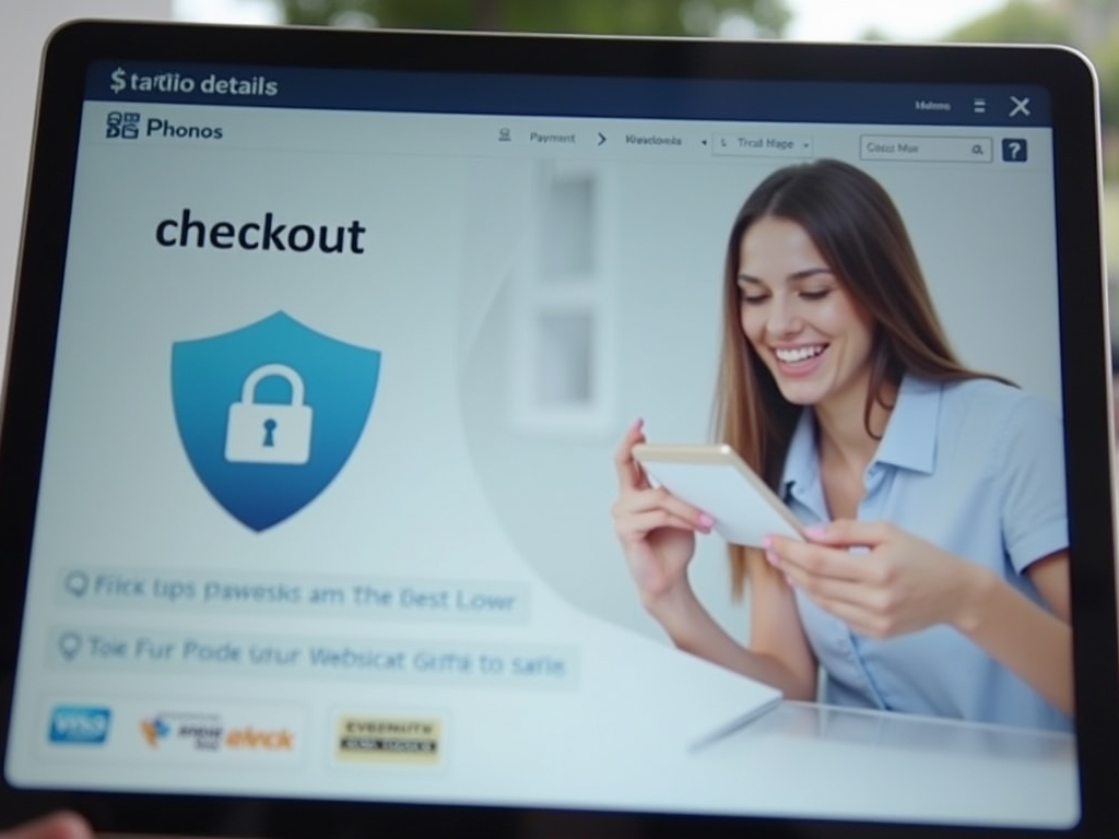 A close-up of a checkout page on a computer or tablet, displaying a secure padlock icon and multiple ecommerce payment solutions available. 