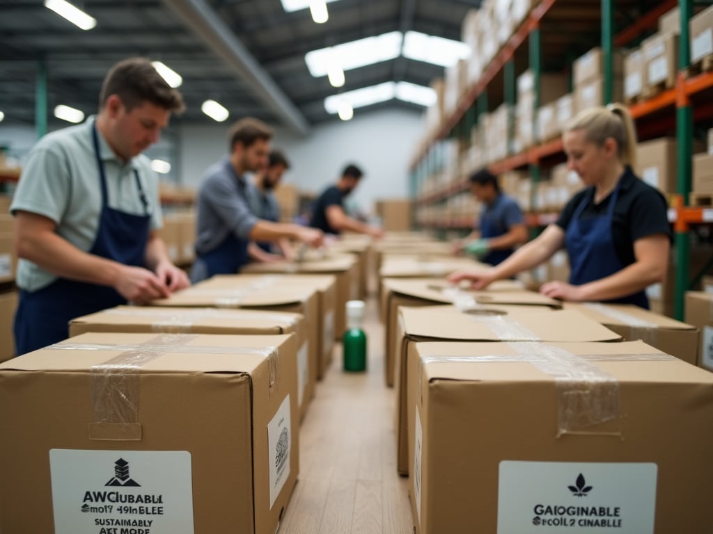 A warehouse with workers assembling boxes with eco-friendly designs to depict the sustainability ecommerce trends.