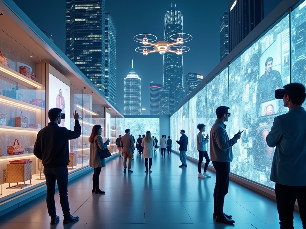 Future of ecommerce, a futuristic scene where a drone delivers something and people do there shopping in a modern environment 