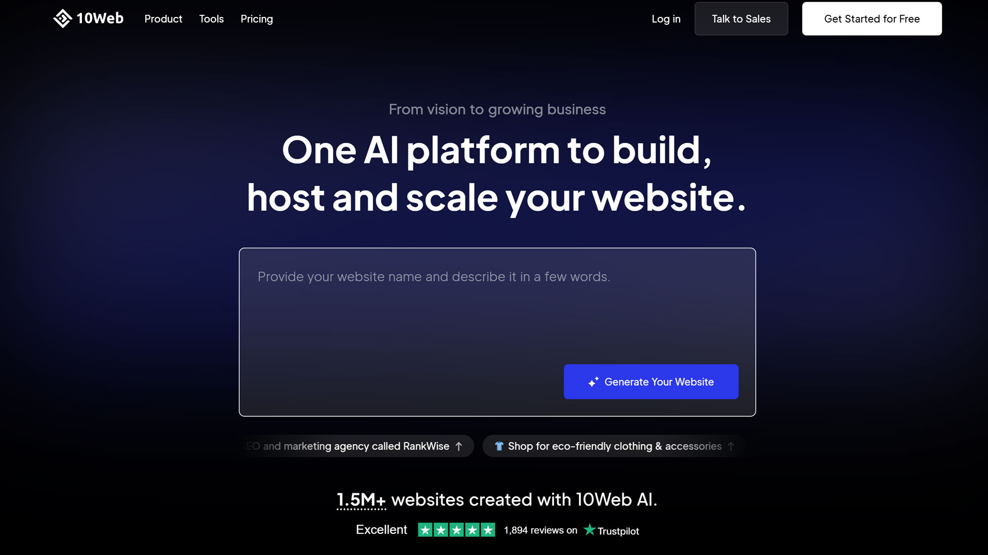 Entering a prompt into the 10Web AI Website Builder