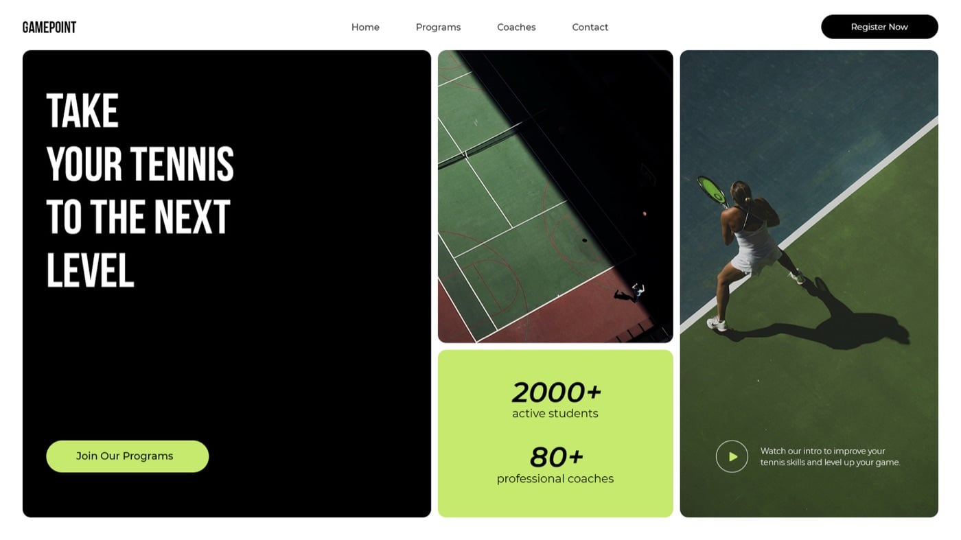 Gamepoint, a tennis academy website built with 10Web