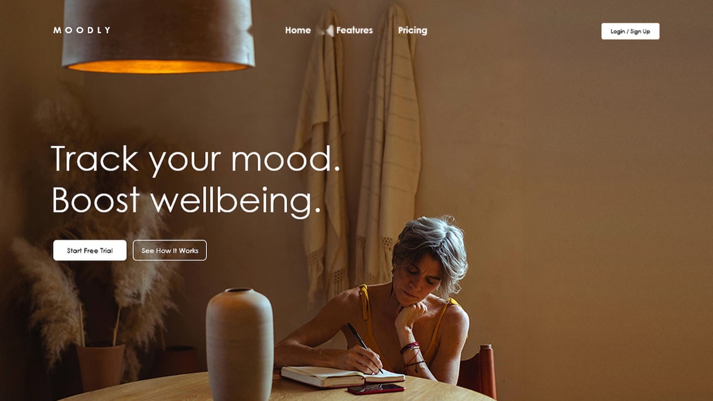 Moodly, a mood-tracking app website built with 10Web