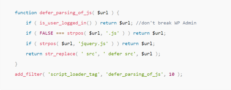 The code for defering parsing of Javascript by editing the functions.php file