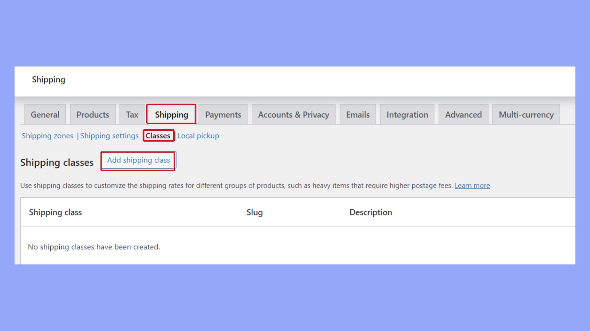 Adding and editing shipping classes
