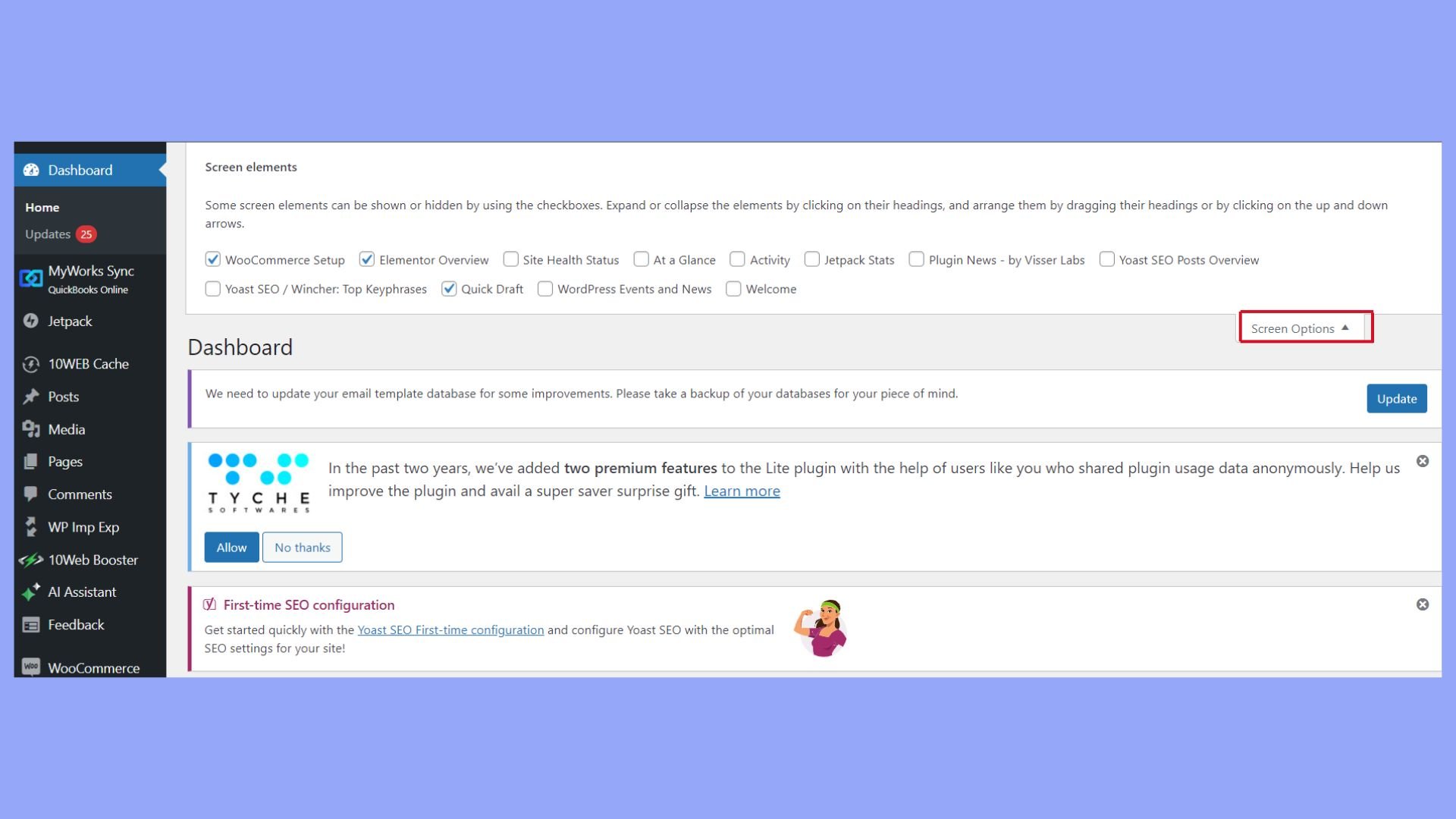 Screen Options menu in WP dashboard