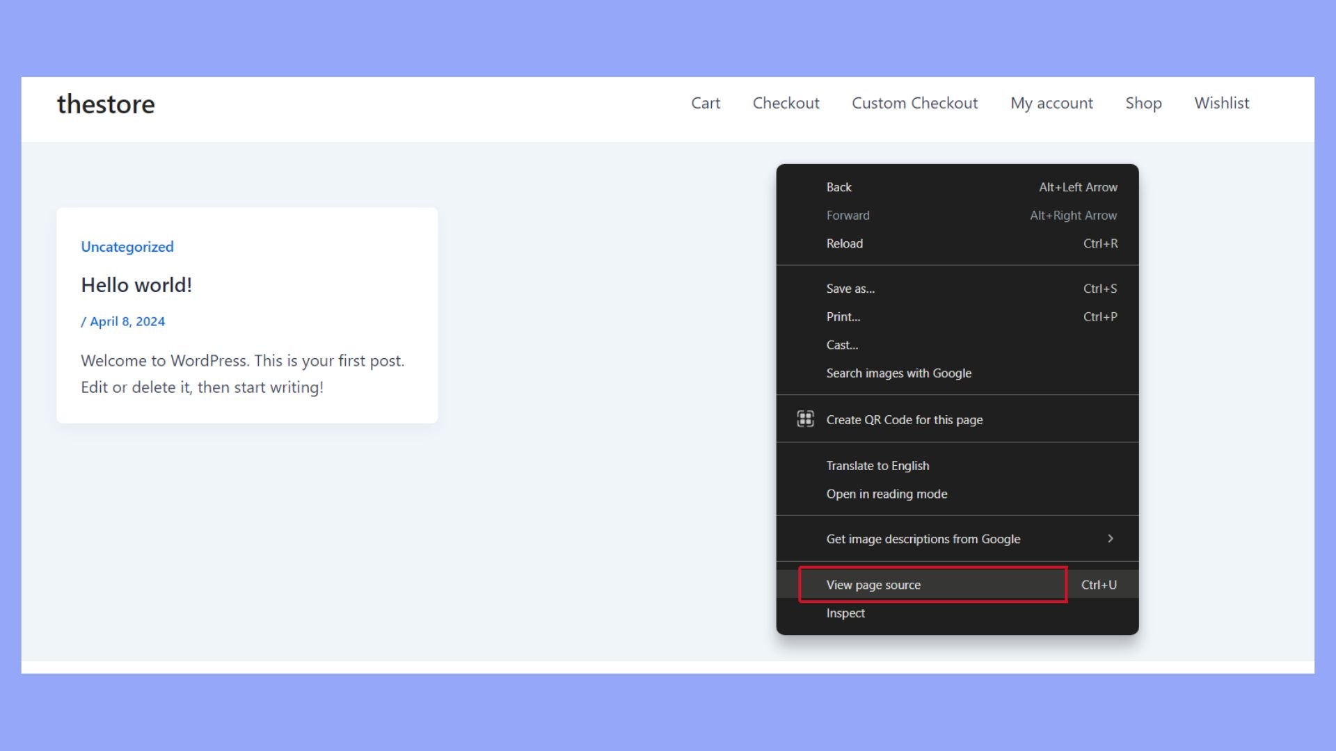 Comprobación del código fuente de la página para la versión de WordPress