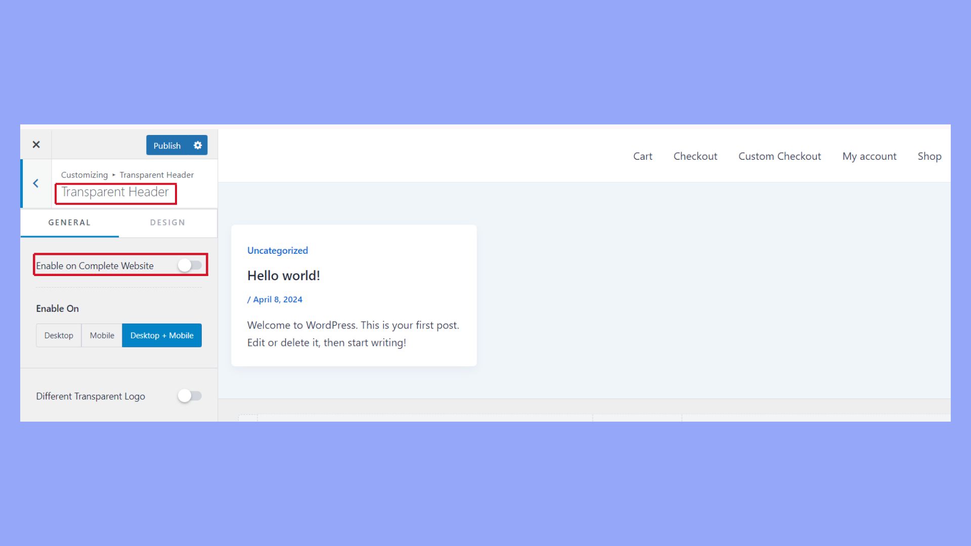 Changing the header to transparent