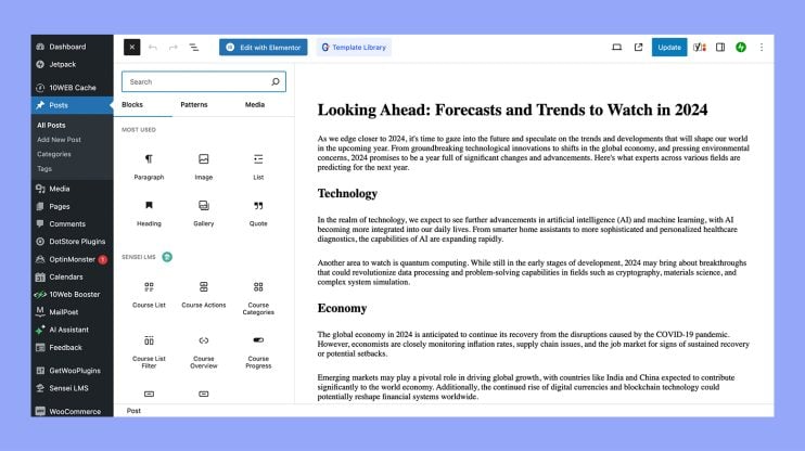 The interface of the Gutenberg editor