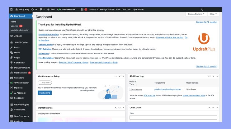 Área de administración del sitio web de WordPress