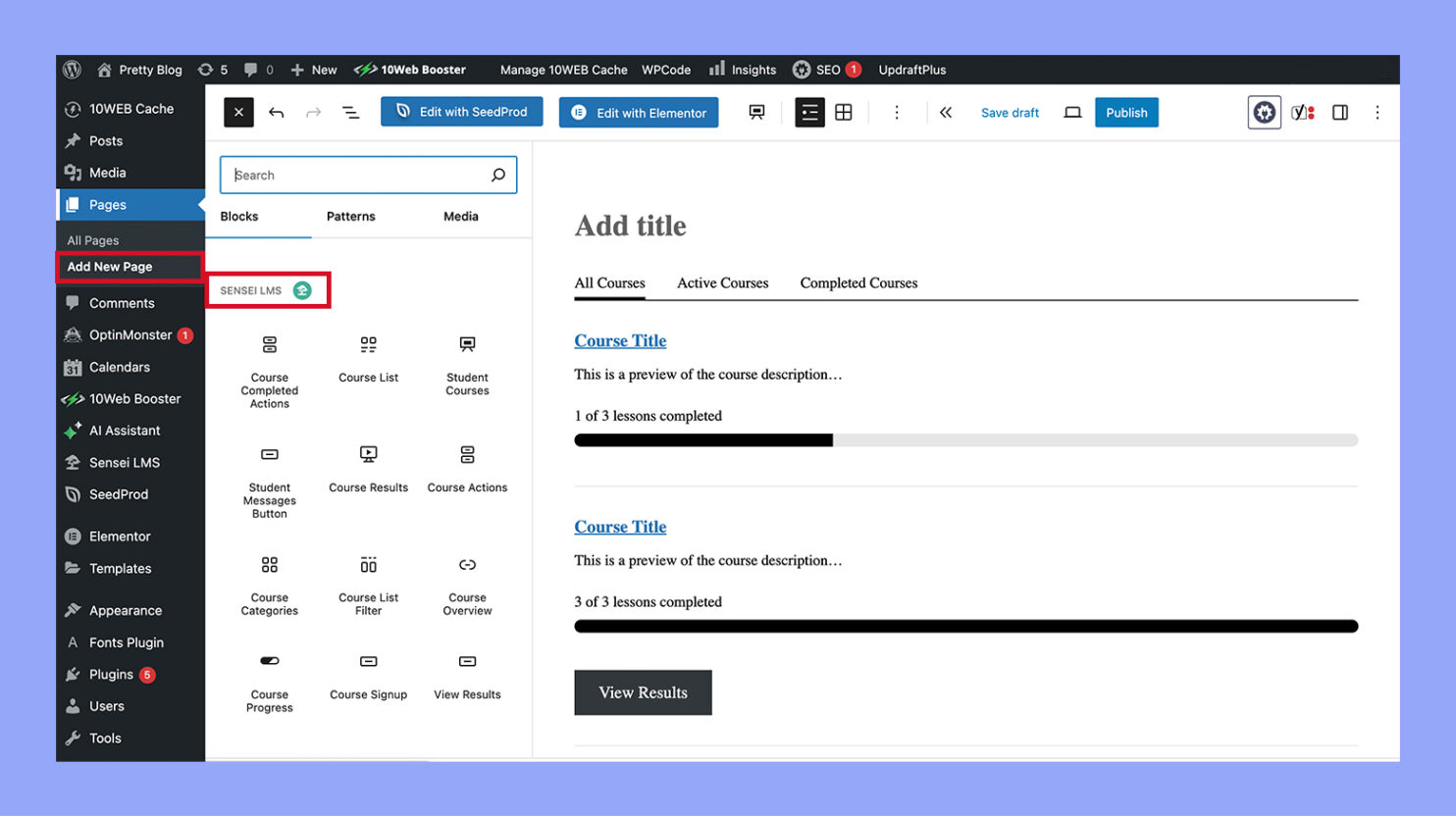 The extra blocks added by a LMS plugin showing in the page editor.