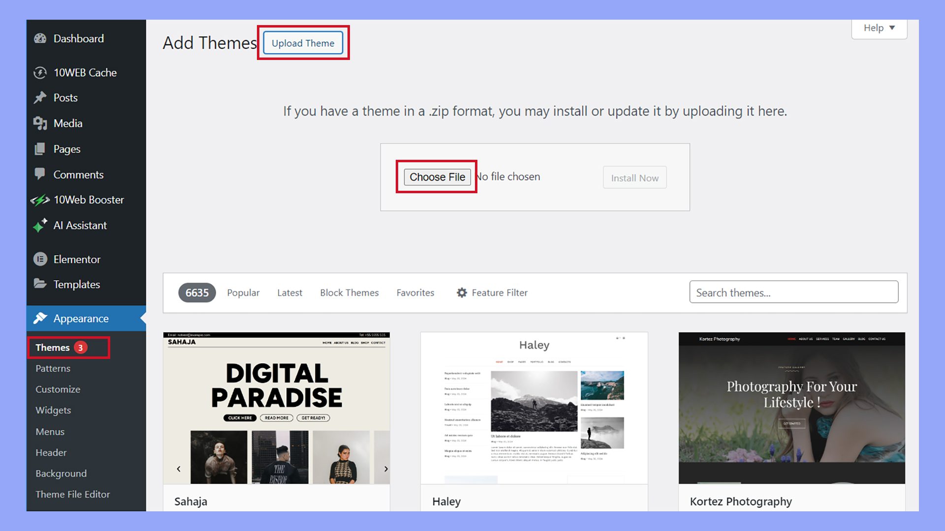 Installling the Kava theme from Crocoblock in the WordPress admin.