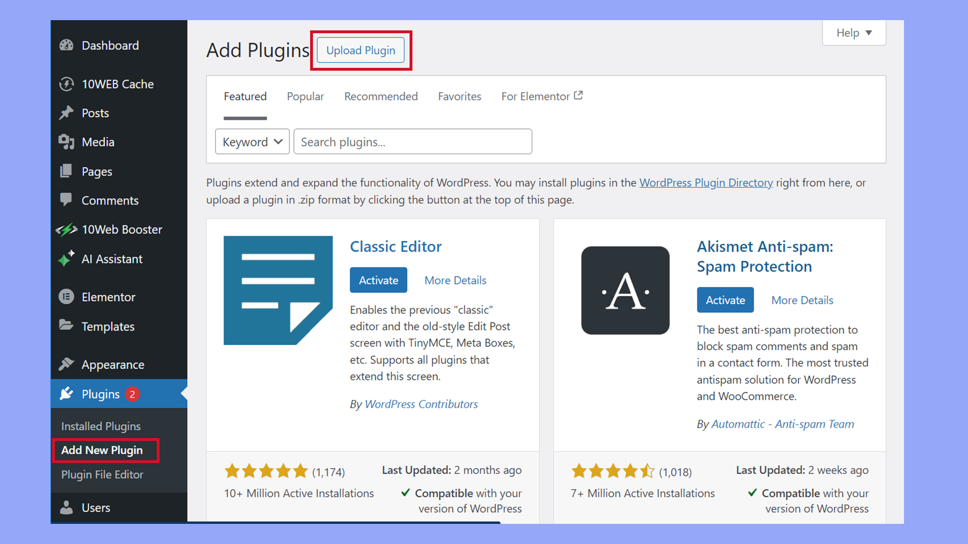 Installing the Crocoblock plugins through the WordPress dashboard.