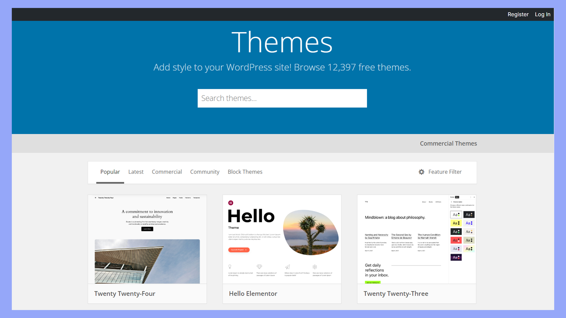 El repositorio de temas de WordPress tiene miles de temas disponibles para cualquier sitio WordPress autoalojado.