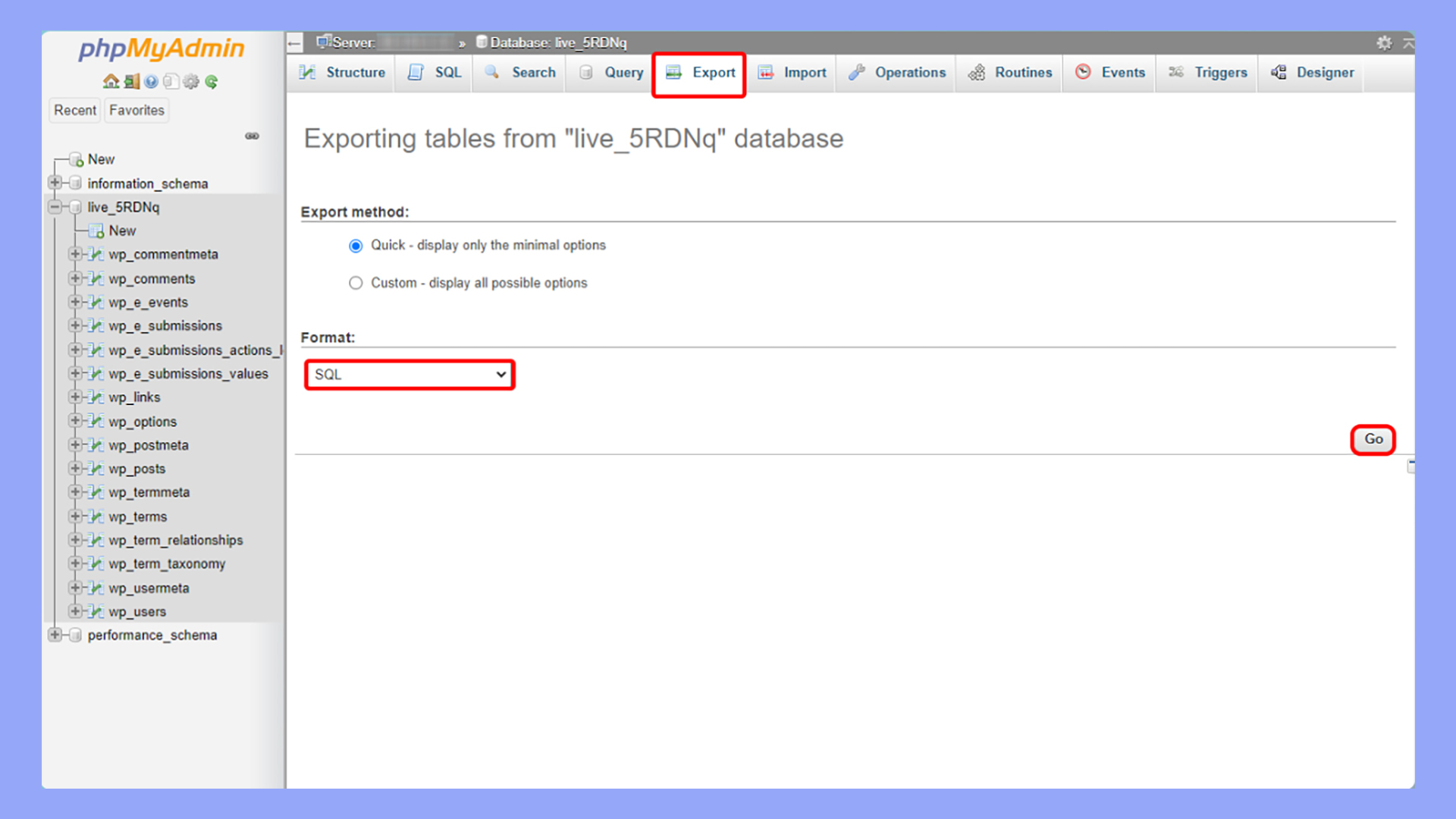 Exporting the database in WordPress from the Export tab in phpMyAdmin.