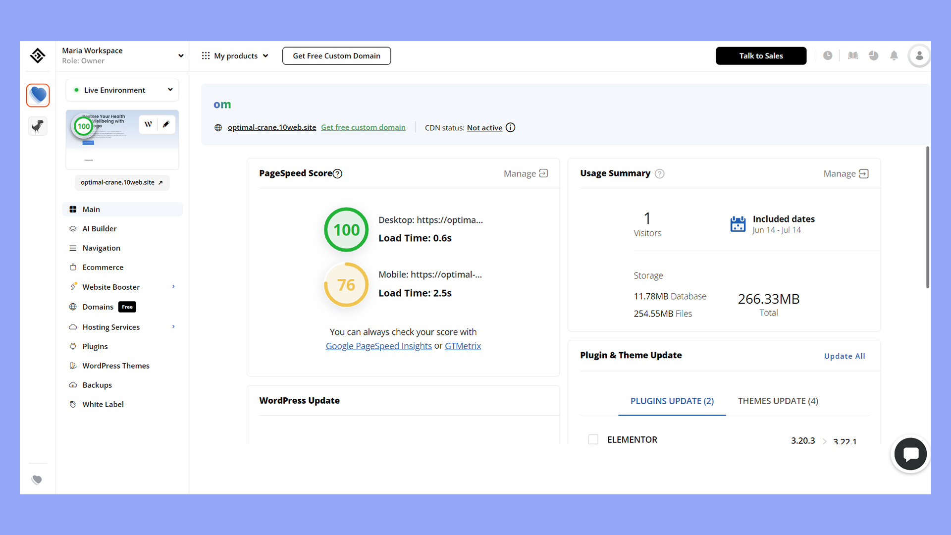 El panel de control de la plataforma WordPress de gestión automatizada de 10Web.