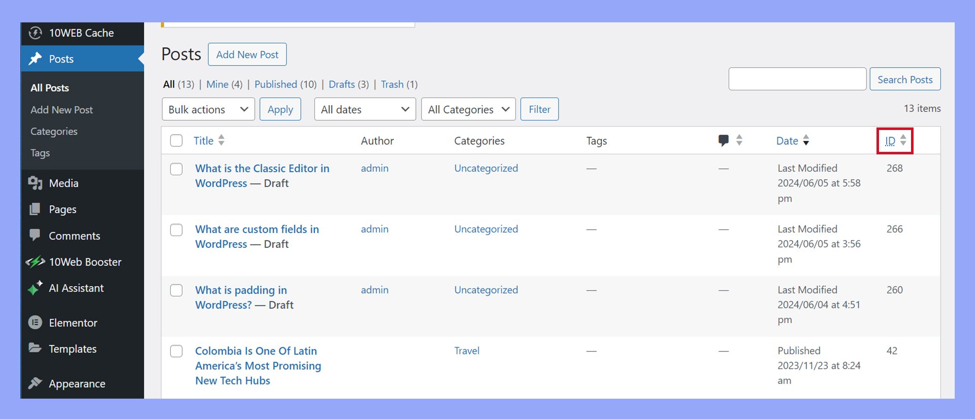 La nueva columna ID del plugin se muestra en las listas de páginas y entradas.