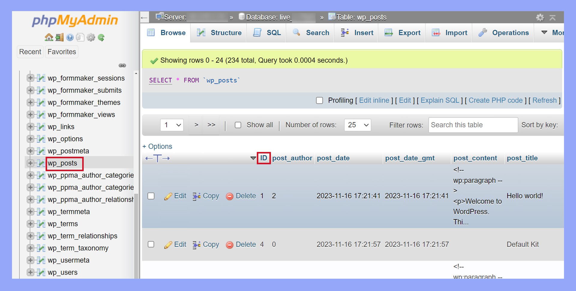 La tabla wp_posts muestra los ID de página en una base de datos de WordPress.