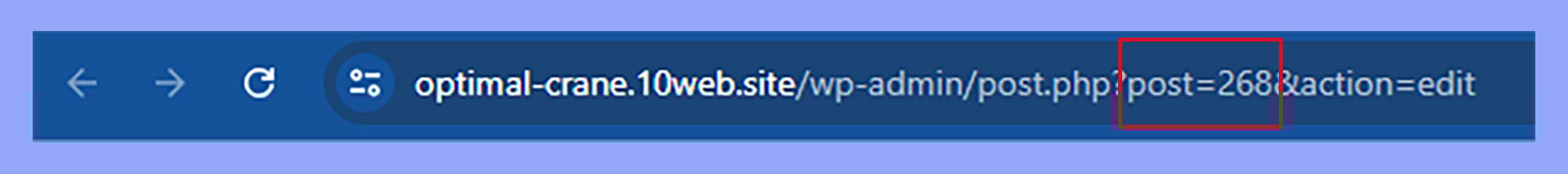 Un sitio WordPress muestra el ID de la página en la URL cuando se visualiza la página en el editor.
