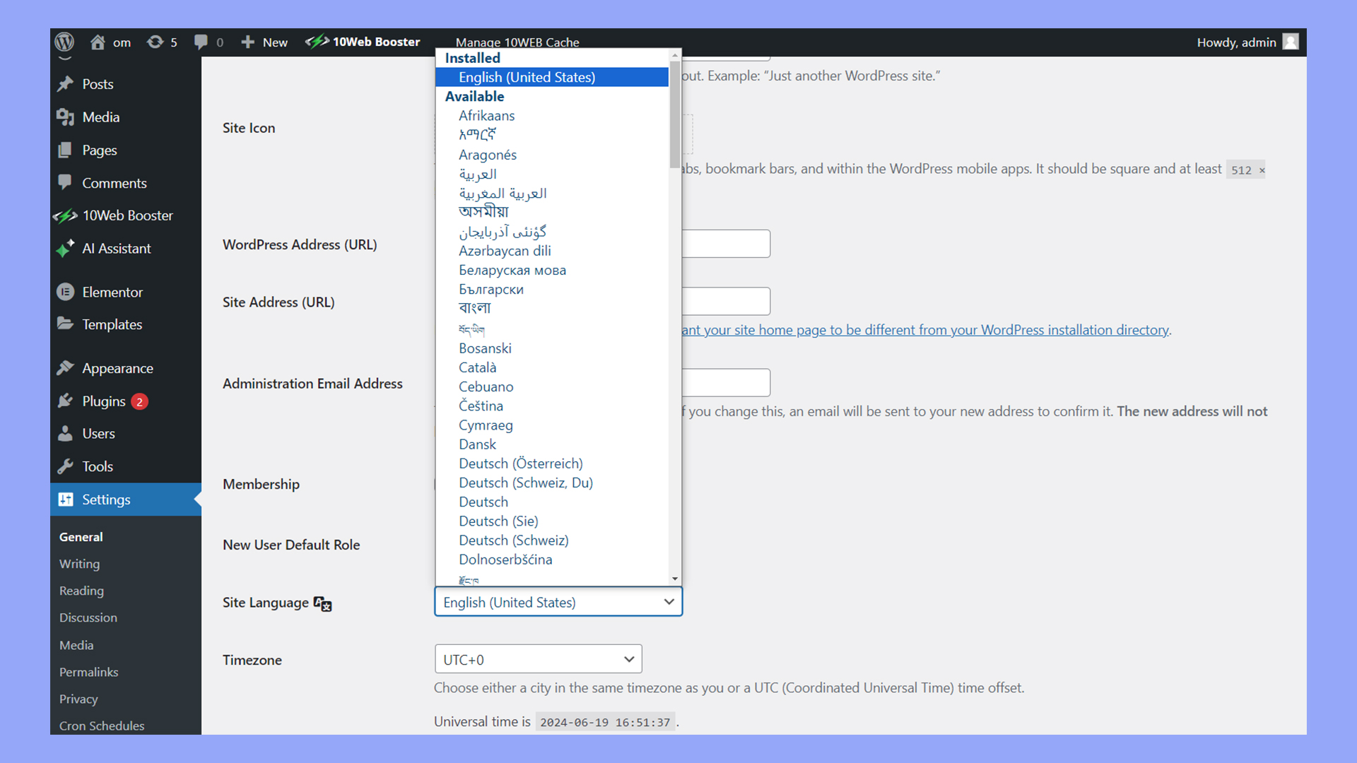 Cambiar el idioma del sitio a un idioma RTL en los ajustes de WordPress.