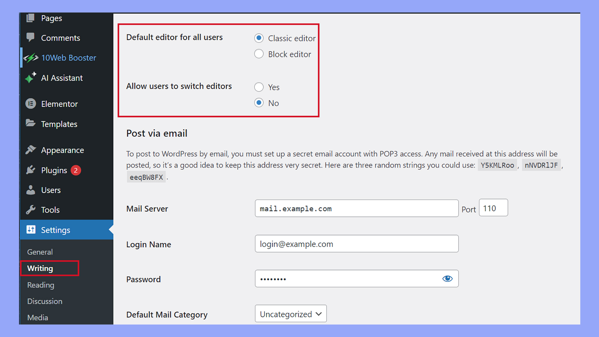 Setting the classic editor in WordPress as the default editor.