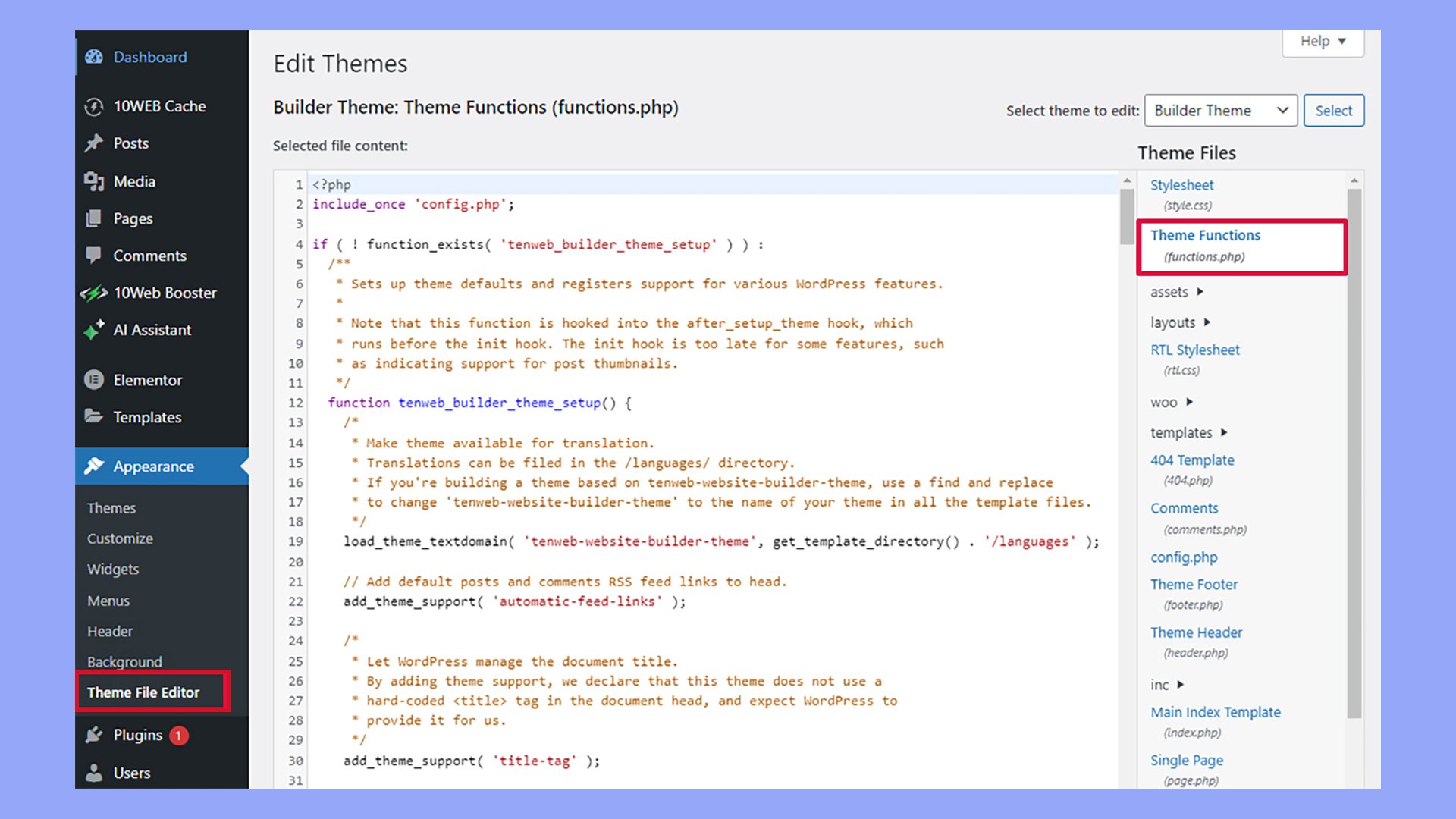 Personalización de WordPress con el editor de archivos de temas.
