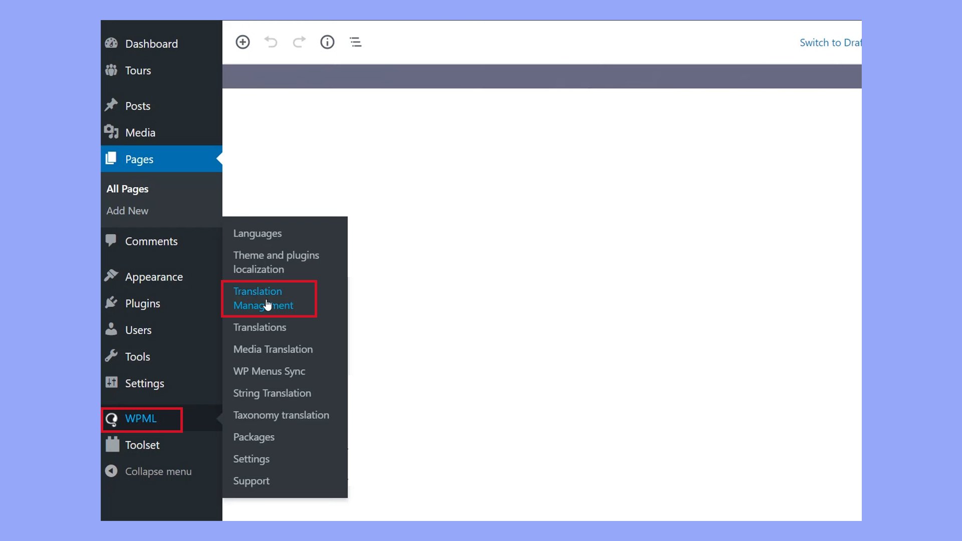 La página de Gestión de Transacciones de WPML en la administración de WordPress.