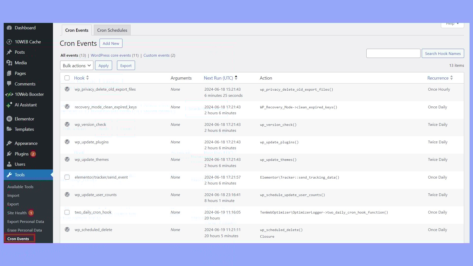 WP Crontrol muestra la lista de tareas cron de WordPress.