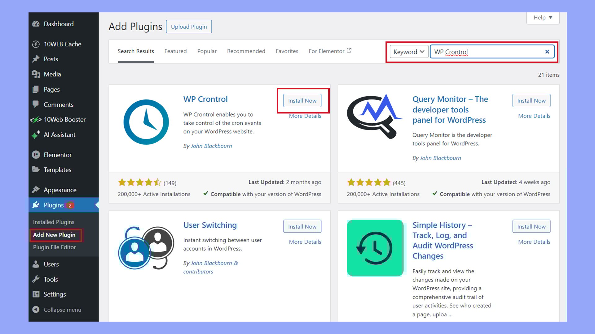 Instalar un plugin Cron de WordPress en el admin.