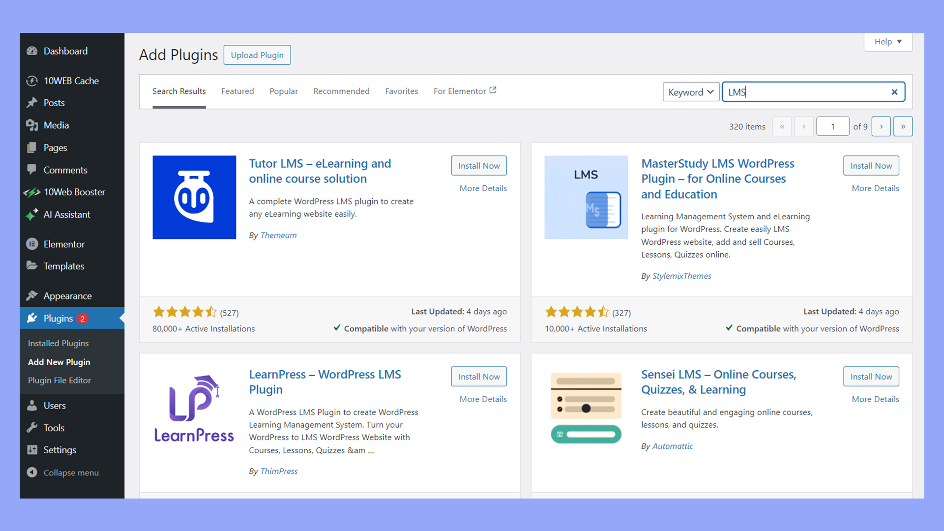 What is WordPress LMS: the WP admin displaying various LMS plugins.