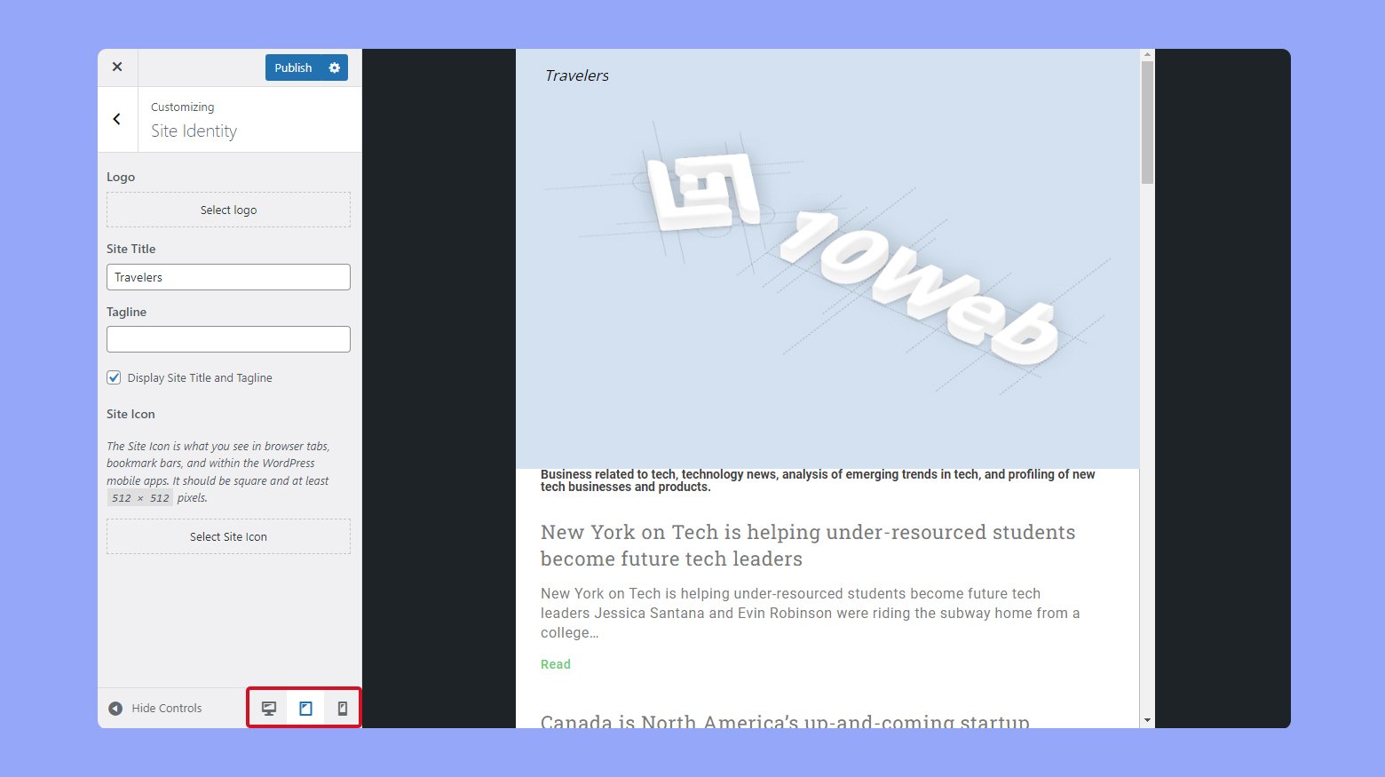 Personalización de WordPress en la sección de identidad del sitio del personalizador.