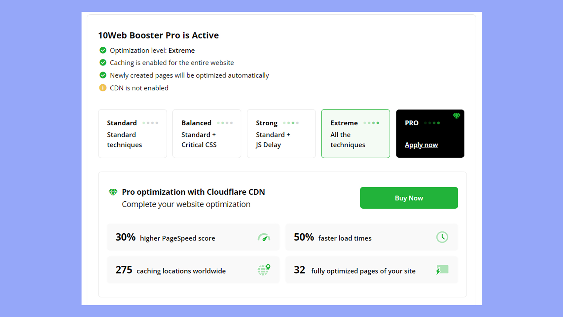 The 10Web Booster's levels of optimization allow control over which techniques for improving PageSpeed scores are implemented.