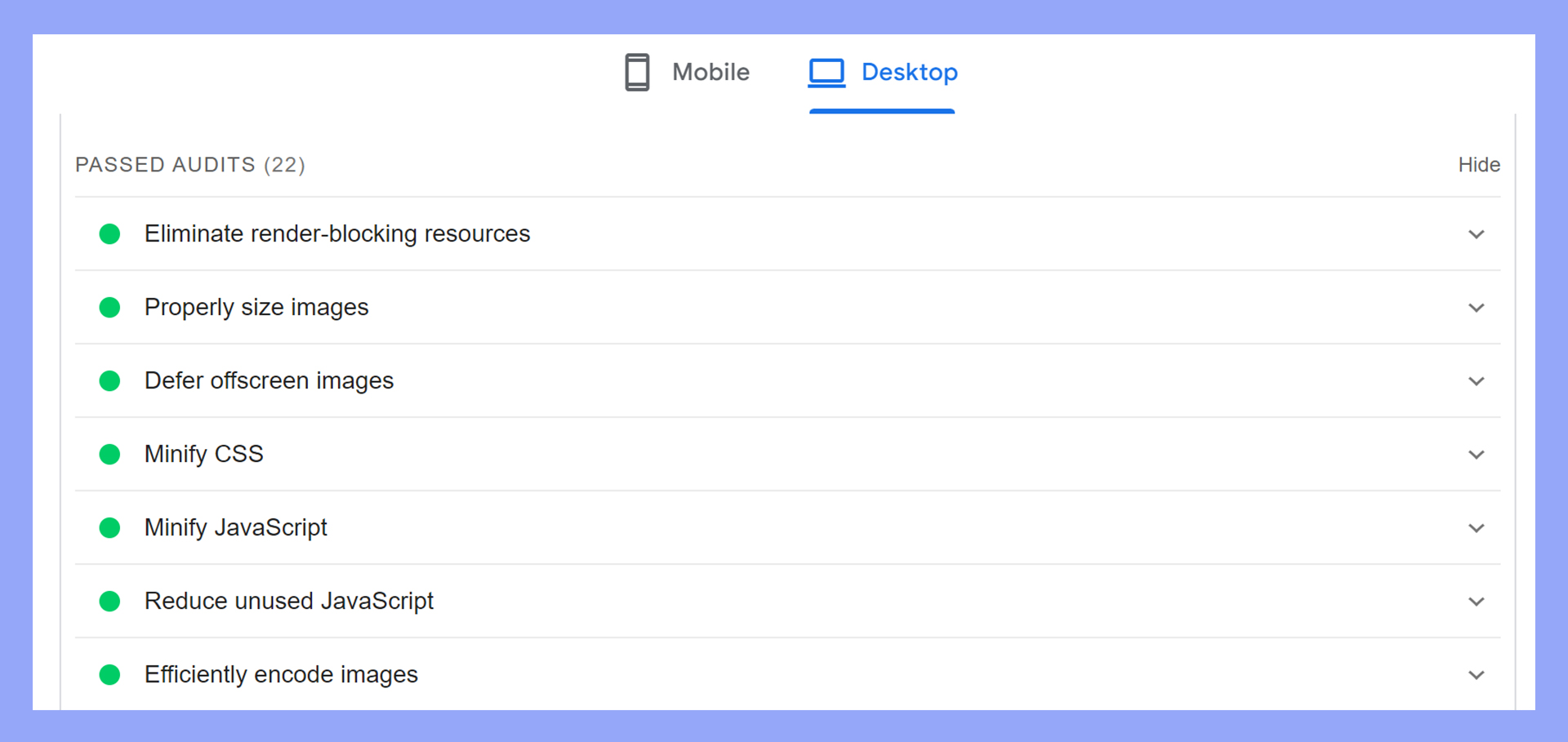 PageSpeed Insights offers insight into which audits indicated a passing score.