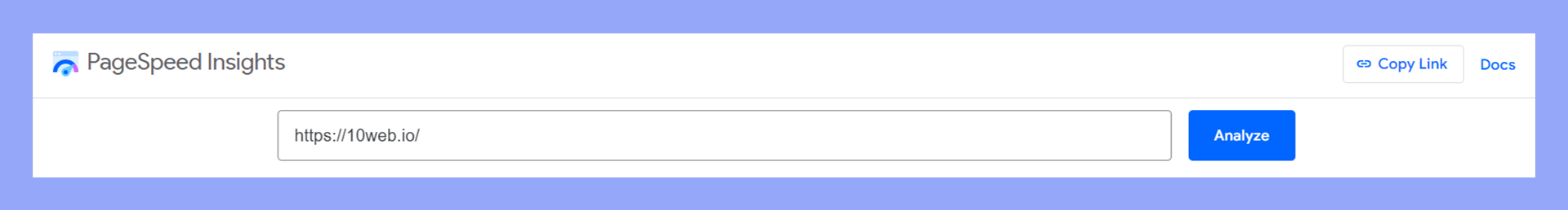 Entering a URL to analyze in PageSpeed Insights.