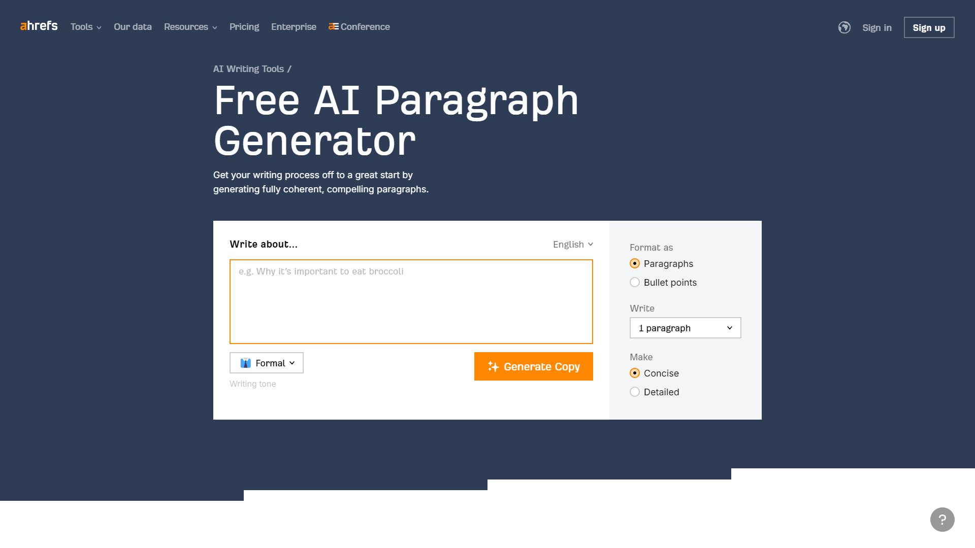 Screenshot for Ahrefs Paragraph Generator