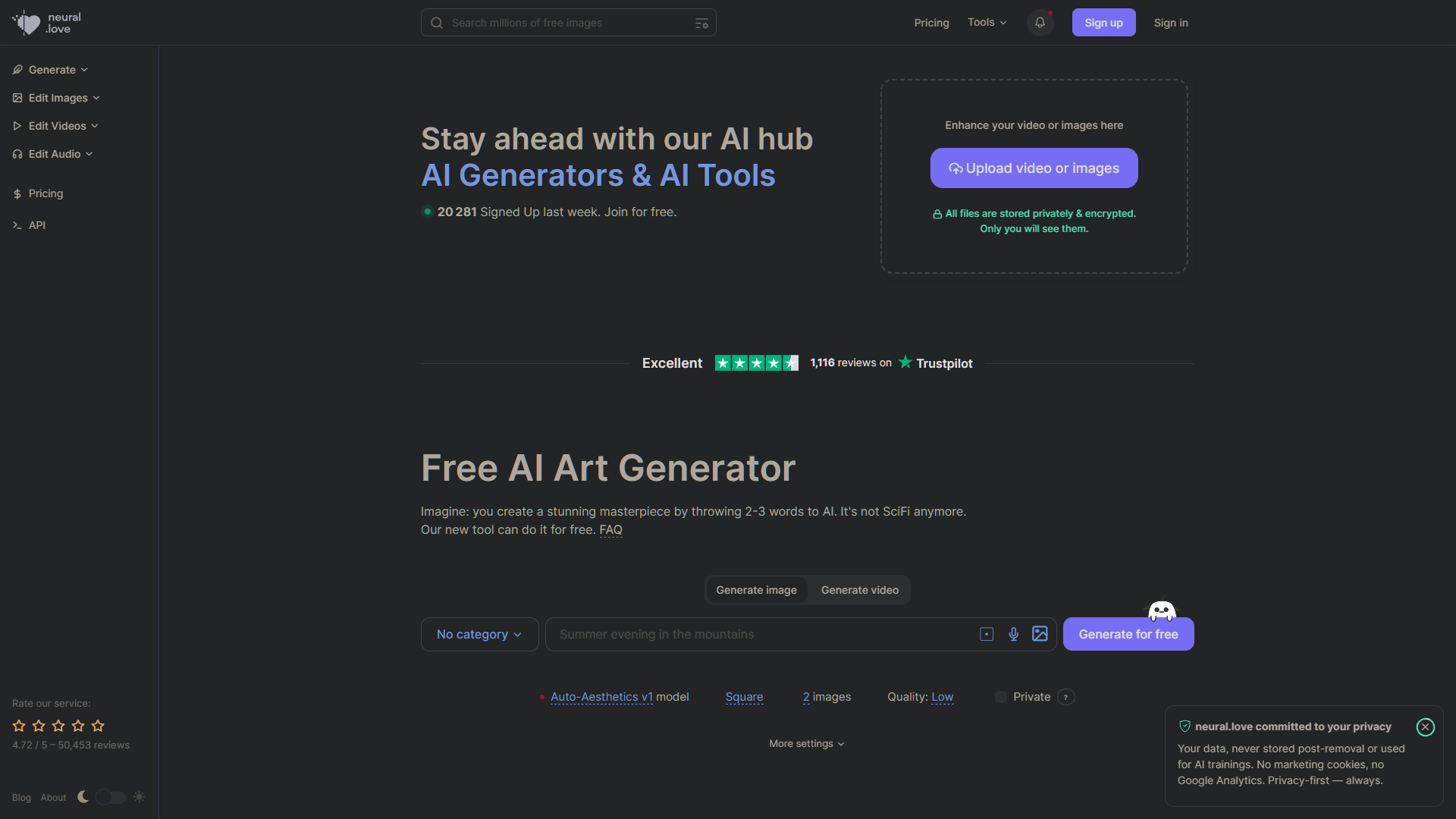 Neural.love AI platform interface showing video enhancement tools